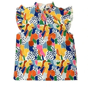 NWT Emery Rose Womens Small Flutter Sleeve Ruffle Neck Mullticolor Print‎